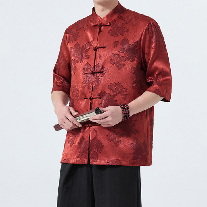 Buddha Stones Camicia da uomo a maniche a tre quarti con colletto alla coreana, bottoni a rana e motivo jacquard floreale, stile Summer Tang. - image 26