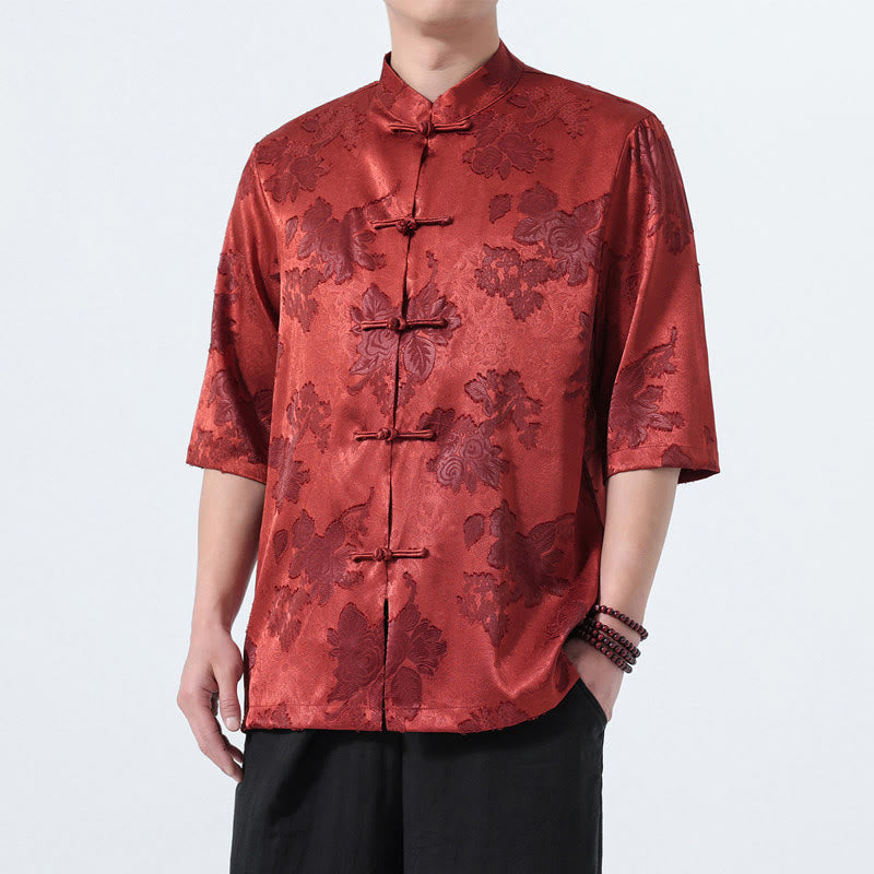 Buddha Stones Camicia da uomo a maniche a tre quarti con colletto alla coreana, bottoni a rana e motivo jacquard floreale, stile Summer Tang. - image 29