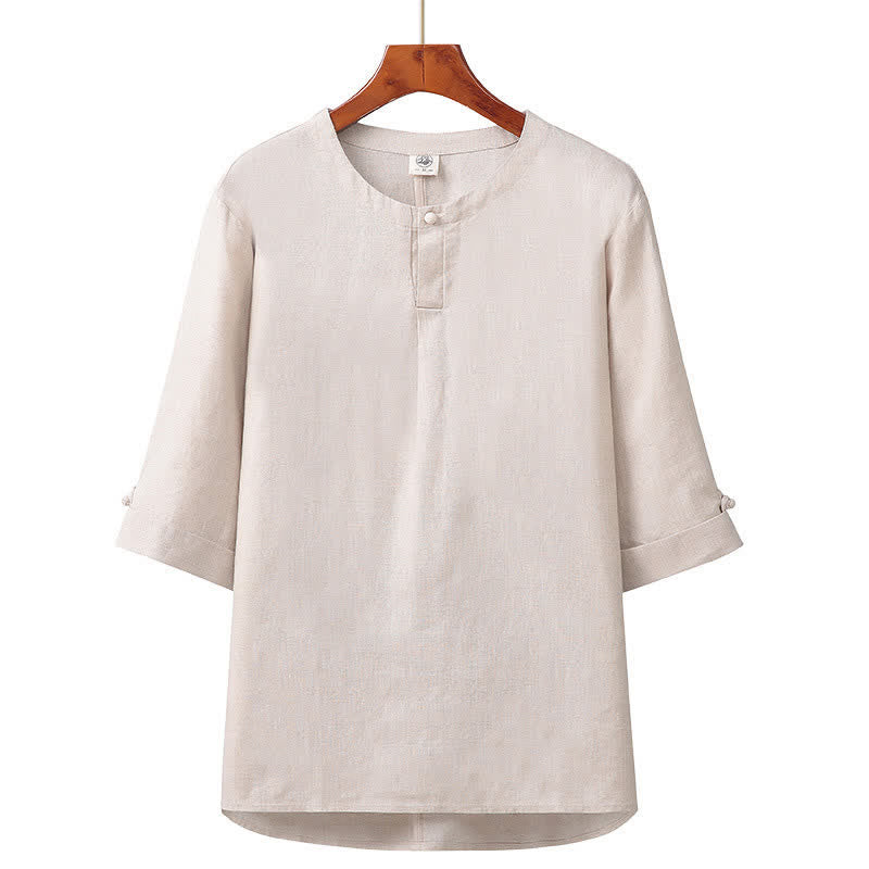 Buddha Stones Camicia da uomo in lino tinta unita, minimalista, con bottoni, maniche a tre quarti, ideale per la primavera/estate. - Beige - US/UK/AU42, EU52 (3XL) - image 0