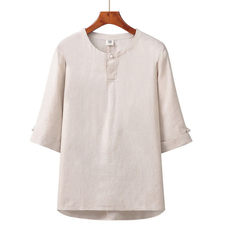 Buddha Stones Camicia da uomo in lino tinta unita, minimalista, con bottoni, maniche a tre quarti, ideale per la primavera/estate. - Beige - US/UK/AU42, EU52 (3XL) - image 0