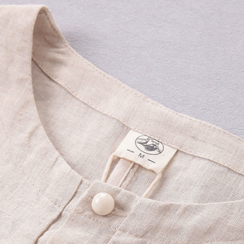 Buddha Stones Camicia da uomo in lino tinta unita, minimalista, con bottoni, maniche a tre quarti, ideale per la primavera/estate. - image 2