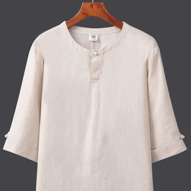 Buddha Stones Camicia da uomo in lino tinta unita, minimalista, con bottoni, maniche a tre quarti, ideale per la primavera/estate. - image 1