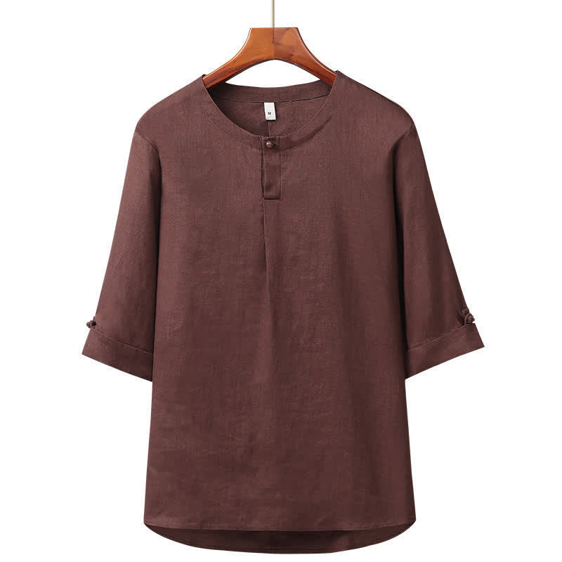 Buddha Stones Camicia da uomo in lino tinta unita, minimalista, con bottoni, maniche a tre quarti, ideale per la primavera/estate. - Marrone sella - US/UK/AU42, EU52 (3XL) - image 7