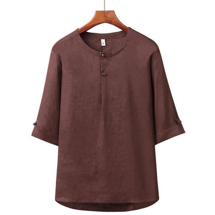 Buddha Stones Camicia da uomo in lino tinta unita, minimalista, con bottoni, maniche a tre quarti, ideale per la primavera/estate. - Marrone sella - US/UK/AU42, EU52 (3XL) - image 7