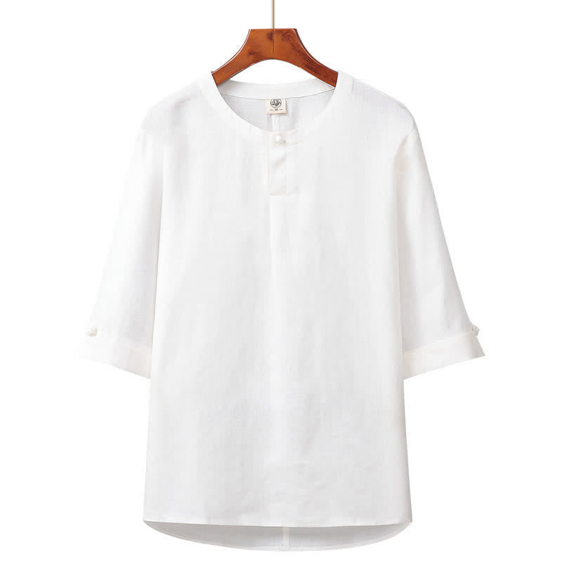 Buddha Stones Camicia da uomo in lino tinta unita, minimalista, con bottoni, maniche a tre quarti, ideale per la primavera/estate. - Bianco - US/UK/AU42, EU52 (3XL) - image 9