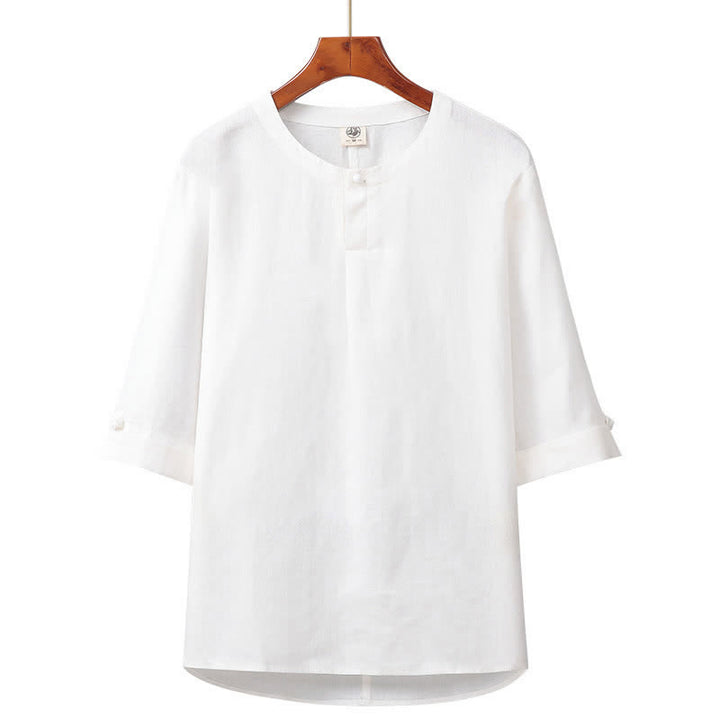 Buddha Stones Camicia da uomo in lino tinta unita, minimalista, con bottoni, maniche a tre quarti, ideale per la primavera/estate. - Bianco - US/UK/AU42, EU52 (3XL) - image 9