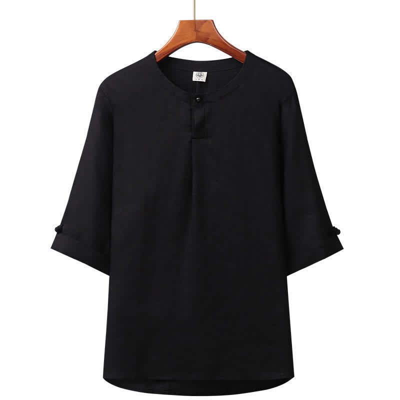 Buddha Stones Camicia da uomo in lino tinta unita, minimalista, con bottoni, maniche a tre quarti, ideale per la primavera/estate. - Nero - US/UK/AU42, EU52 (3XL) - image 6