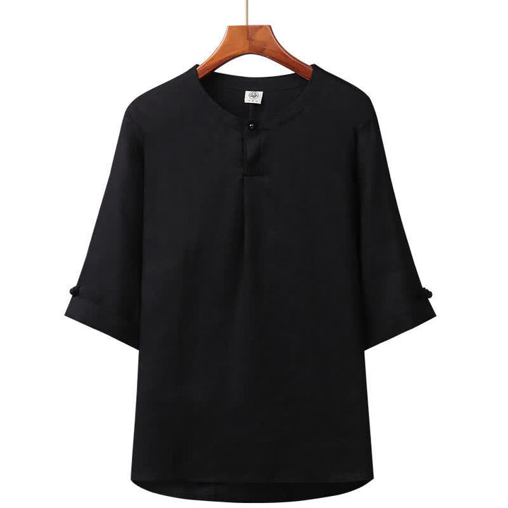 Buddha Stones Camicia da uomo in lino tinta unita, minimalista, con bottoni, maniche a tre quarti, ideale per la primavera/estate. - Nero - US/UK/AU42, EU52 (3XL) - image 6