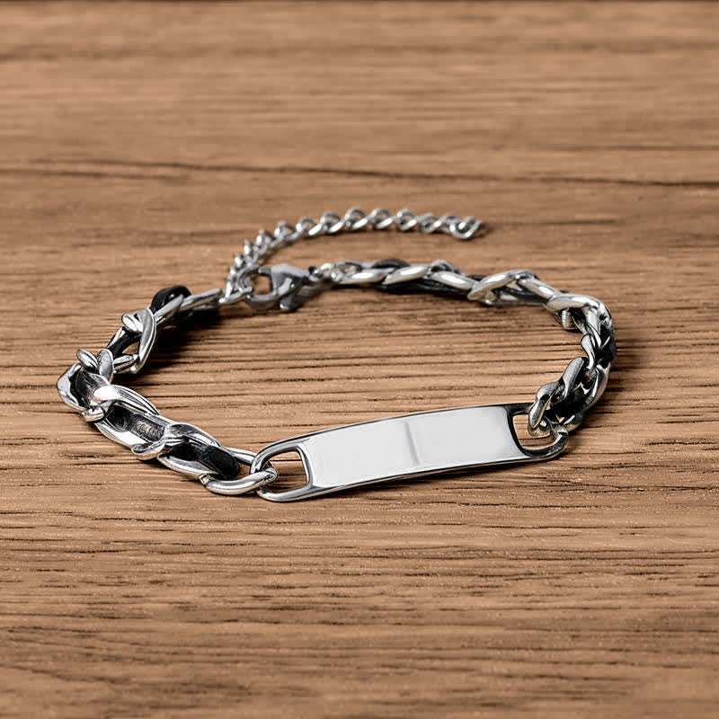 Buddha Stones Bracciale cubano rinforzato con catena, inserto in pelle e barra, in pelle intrecciata. - image 1