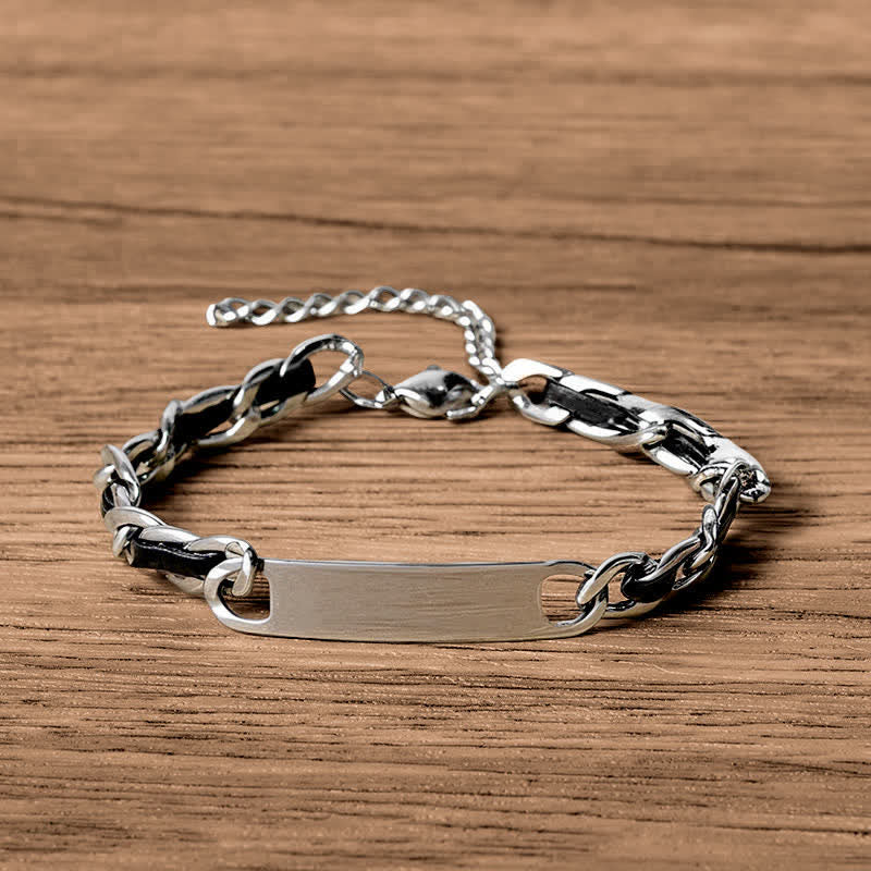 Buddha Stones Bracciale cubano rinforzato con catena, inserto in pelle e barra, in pelle intrecciata. - Pelle (Circonferenza del polso: 17-22 cm) - image 0