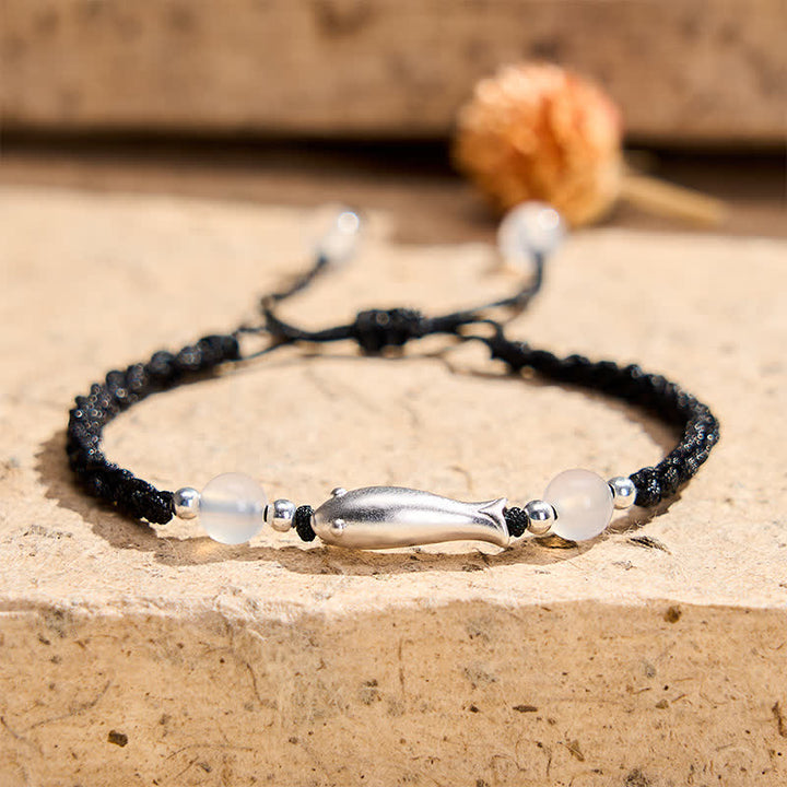 Buddha Stones Bracciale protettivo intrecciato in argento sterling 999 con carpe koi e agata bianca. - Koi (circonferenza del polso 14-18 cm) - Argento sterling 999 - image 0