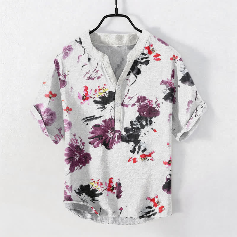 Buddha Stones Camicia da uomo a maniche corte con mezza abbottonatura, in cotone viola con motivo a loto acquerellato. - Bianco - US/UK/AU50, EU60 (5XL) - image 0