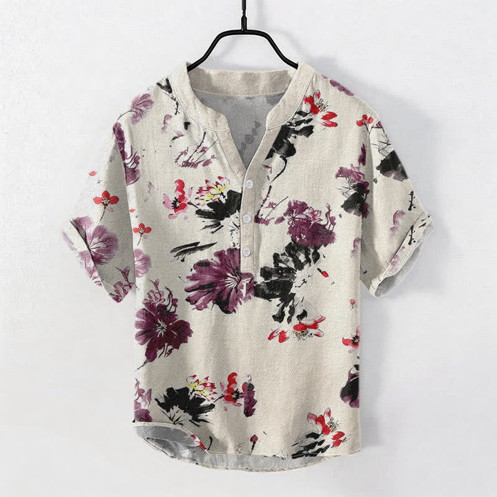 Buddha Stones Camicia da uomo a maniche corte con mezza abbottonatura, in cotone viola con motivo a loto acquerellato. - Biancheria - US/UK/AU50, EU60 (5XL) - image 3