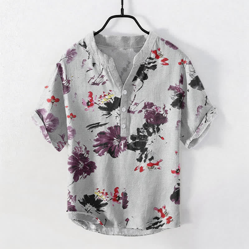 Buddha Stones Camicia da uomo a maniche corte con mezza abbottonatura, in cotone viola con motivo a loto acquerellato. - Grigio chiaro - US/UK/AU50, EU60 (5XL) - image 5