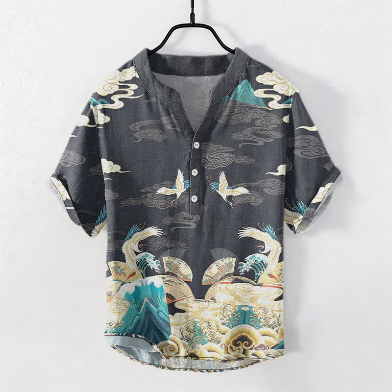 Buddha Stones Camicia da uomo a maniche corte con mezza abbottonatura, in cotone, con motivo a gru, onde e nuvole. - Grigio tenue - US/UK/AU50, EU60 (5XL) - image 0