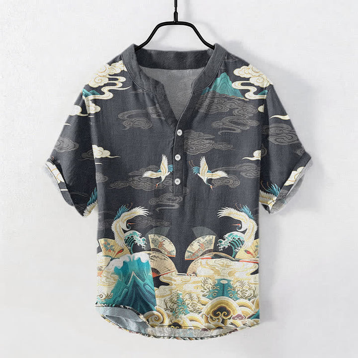 Buddha Stones Camicia da uomo a maniche corte con mezza abbottonatura, in cotone, con motivo a gru, onde e nuvole. - Grigio tenue - US/UK/AU50, EU60 (5XL) - image 0