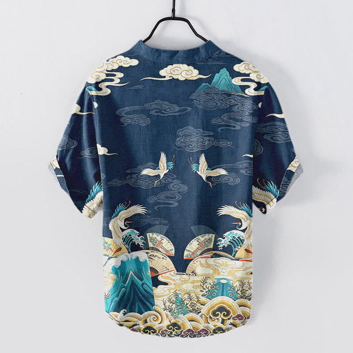 Buddha Stones Camicia da uomo a maniche corte con mezza abbottonatura, in cotone, con motivo a gru, onde e nuvole. - image 6