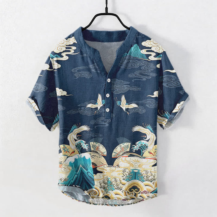 Buddha Stones Camicia da uomo a maniche corte con mezza abbottonatura, in cotone, con motivo a gru, onde e nuvole. - Marina - US/UK/AU50, EU60 (5XL) - image 5