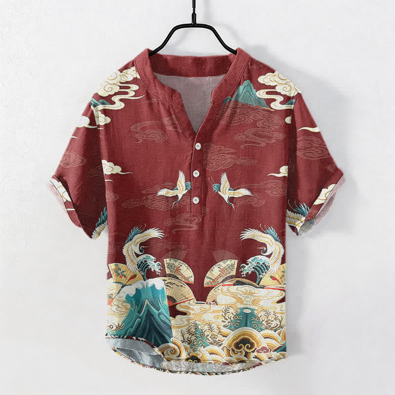 Buddha Stones Camicia da uomo a maniche corte con mezza abbottonatura, in cotone, con motivo a gru, onde e nuvole. - Marrone - US/UK/AU50, EU60 (5XL) - image 7