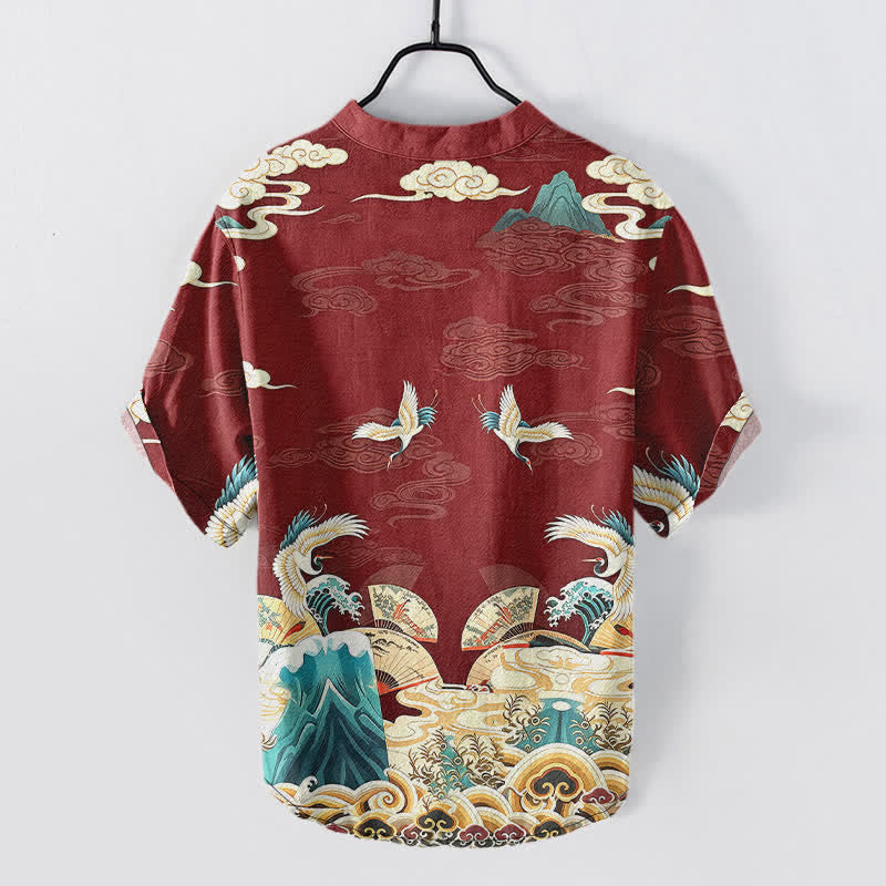 Buddha Stones Camicia da uomo a maniche corte con mezza abbottonatura, in cotone, con motivo a gru, onde e nuvole. - image 8