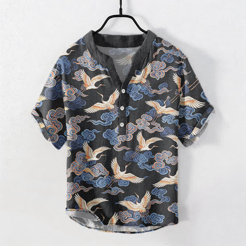 Buddha Stones Camicia da uomo a maniche corte con mezza abbottonatura, in cotone, con motivo gru e nuvole orientali. - Grigio scuro - US/UK/AU50, EU60 (5XL) - image 0