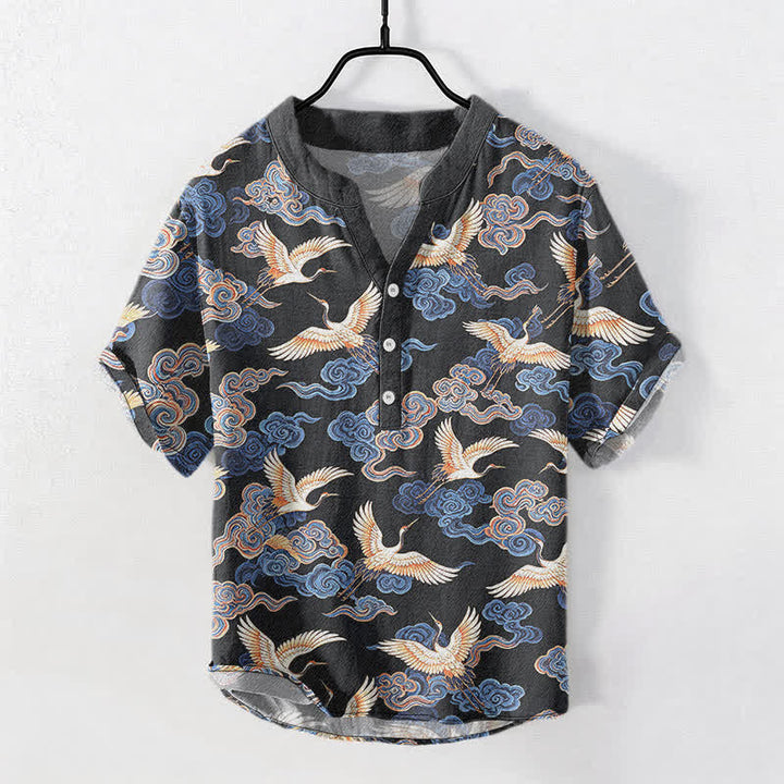 Buddha Stones Camicia da uomo a maniche corte con mezza abbottonatura, in cotone, con motivo gru e nuvole orientali. - Grigio scuro - US/UK/AU50, EU60 (5XL) - image 0