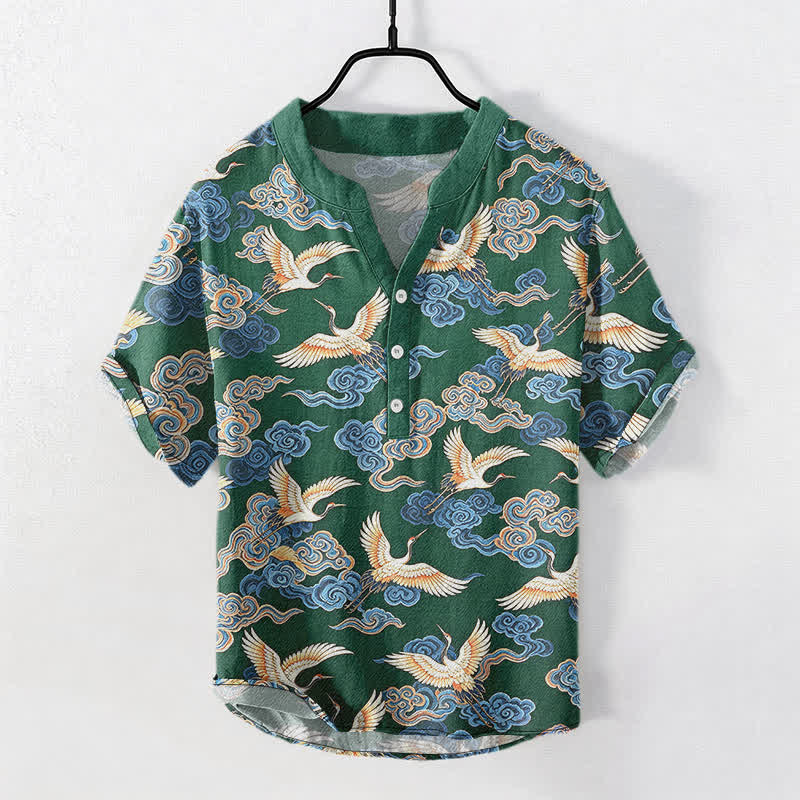 Buddha Stones Camicia da uomo a maniche corte con mezza abbottonatura, in cotone, con motivo gru e nuvole orientali. - Verde studentesco - US/UK/AU50, EU60 (5XL) - image 5