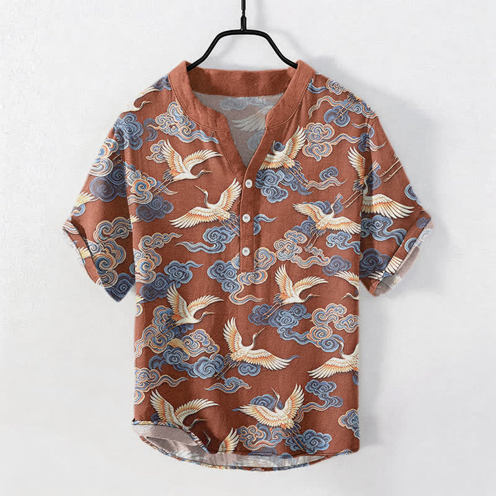 Buddha Stones Camicia da uomo a maniche corte con mezza abbottonatura, in cotone, con motivo gru e nuvole orientali. - Siena - US/UK/AU50, EU60 (5XL) - image 7