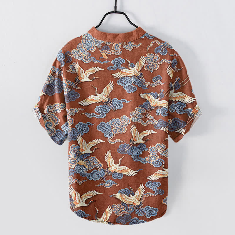 Buddha Stones Camicia da uomo a maniche corte con mezza abbottonatura, in cotone, con motivo gru e nuvole orientali. - image 8