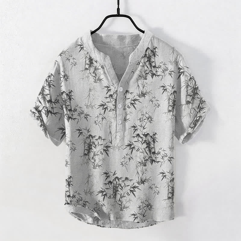 Buddha Stones Camicia da uomo a maniche corte con mezza abbottonatura, in cotone, con motivo a foglie di bambù. - Gainsboro - US/UK/AU50, EU60 (5XL) - image 0
