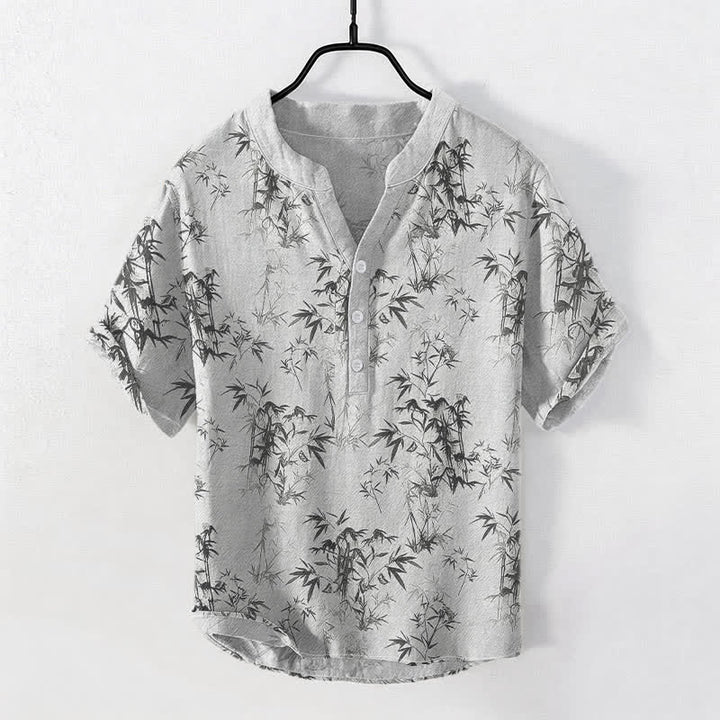 Buddha Stones Camicia da uomo a maniche corte con mezza abbottonatura, in cotone, con motivo a foglie di bambù. - Gainsboro - US/UK/AU50, EU60 (5XL) - image 0