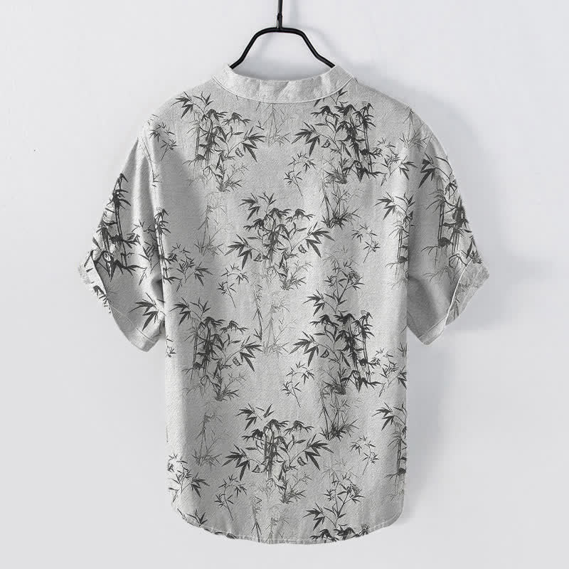 Buddha Stones Camicia da uomo a maniche corte con mezza abbottonatura, in cotone, con motivo a foglie di bambù. - image 1