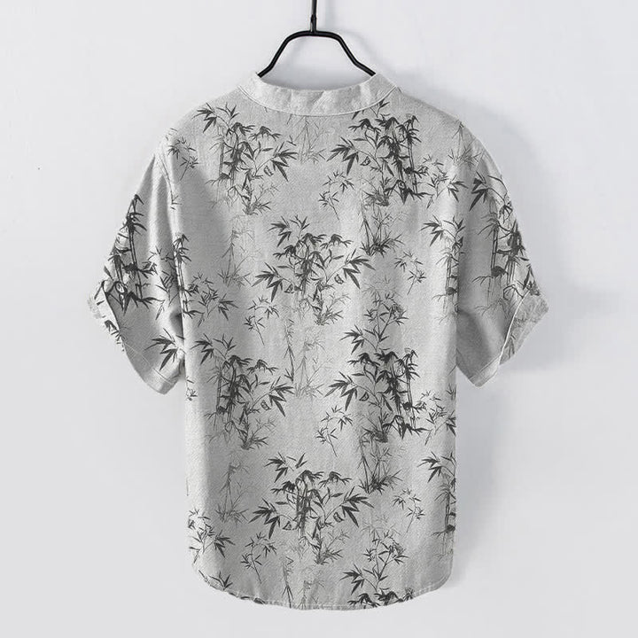 Buddha Stones Camicia da uomo a maniche corte con mezza abbottonatura, in cotone, con motivo a foglie di bambù. - image 1