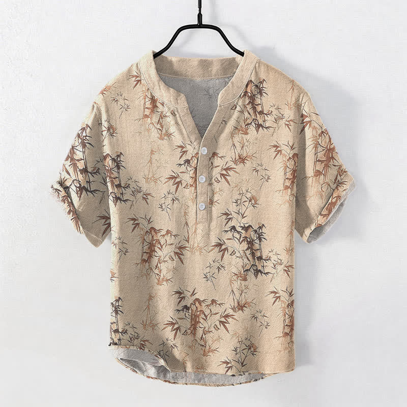 Buddha Stones Camicia da uomo a maniche corte con mezza abbottonatura, in cotone, con motivo a foglie di bambù. - Grano - US/UK/AU50, EU60 (5XL) - image 3