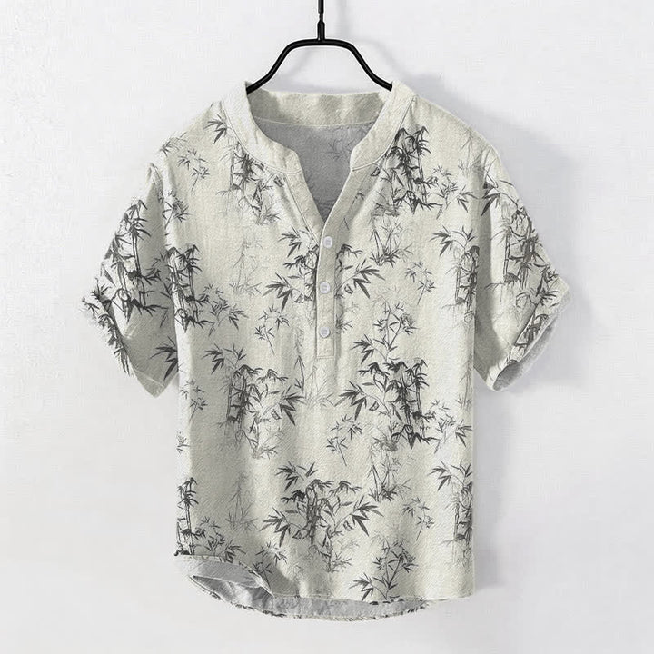 Buddha Stones Camicia da uomo a maniche corte con mezza abbottonatura, in cotone, con motivo a foglie di bambù. - Avorio - US/UK/AU50, EU60 (5XL) - image 5