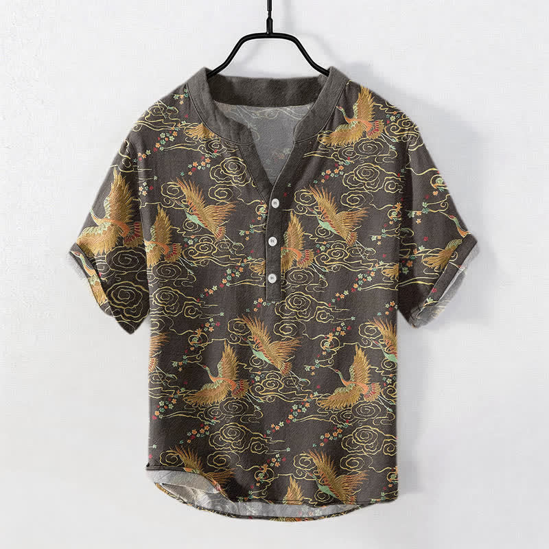 Buddha Stones Camicia da uomo a maniche corte con mezza abbottonatura, in cotone, con motivo gru dorata e nuvole. - Grigio tenue - US/UK/AU50, EU60 (5XL) - image 0