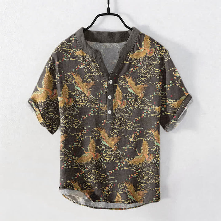 Buddha Stones Camicia da uomo a maniche corte con mezza abbottonatura, in cotone, con motivo gru dorata e nuvole. - Grigio tenue - US/UK/AU50, EU60 (5XL) - image 0