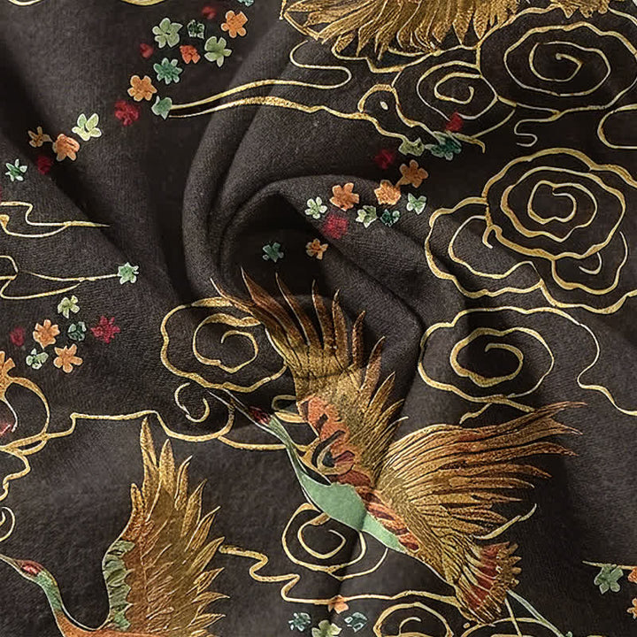 Buddha Stones Camicia da uomo a maniche corte con mezza abbottonatura, in cotone, con motivo gru dorata e nuvole. - image 4