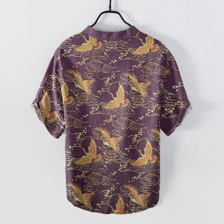 Buddha Stones Camicia da uomo a maniche corte con mezza abbottonatura, in cotone, con motivo gru dorata e nuvole. - image 6