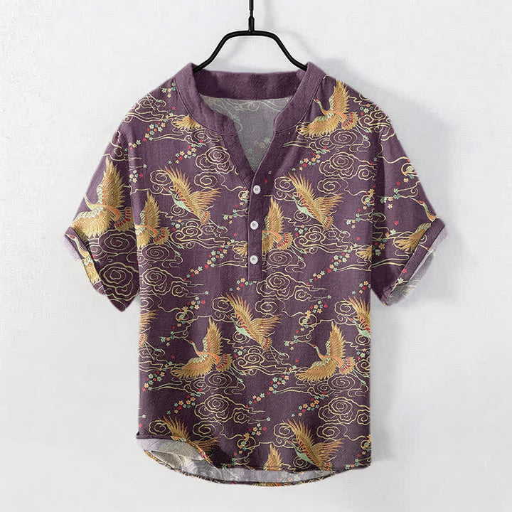 Buddha Stones Camicia da uomo a maniche corte con mezza abbottonatura, in cotone, con motivo gru dorata e nuvole. - Viola - US/UK/AU50, EU60 (5XL) - image 5