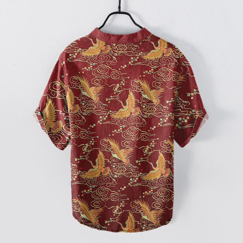Buddha Stones Camicia da uomo a maniche corte con mezza abbottonatura, in cotone, con motivo gru dorata e nuvole. - image 8