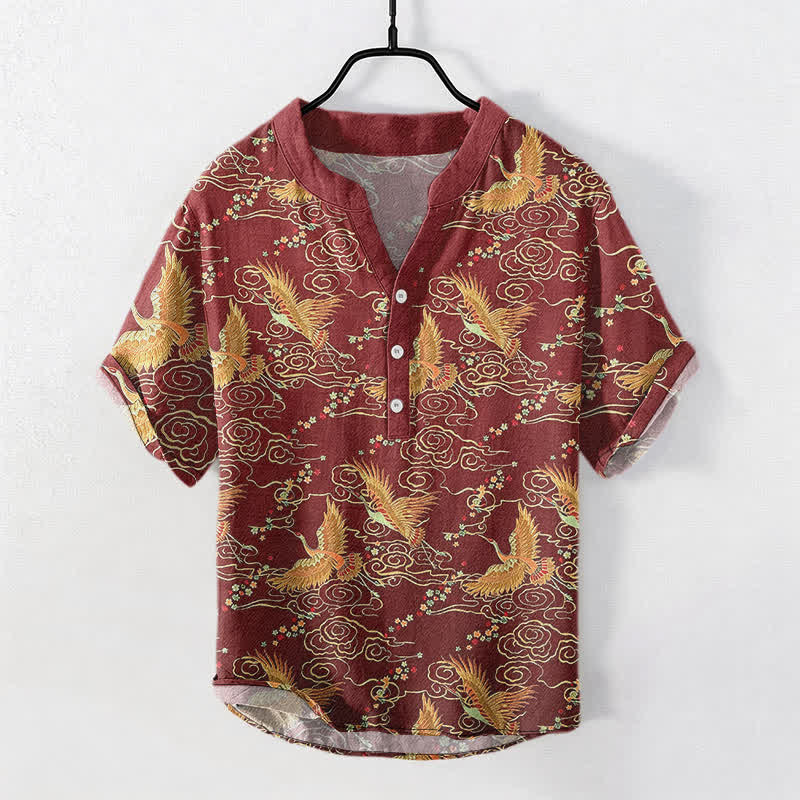 Buddha Stones Camicia da uomo a maniche corte con mezza abbottonatura, in cotone, con motivo gru dorata e nuvole. - Marrone - US/UK/AU50, EU60 (5XL) - image 7
