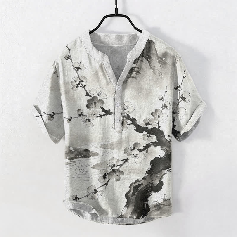 Buddha Stones Camicia da uomo a maniche corte con mezza abbottonatura, stampa a fiori di prugno, in cotone. - Avorio - US/UK/AU50, EU60 (5XL) - image 0