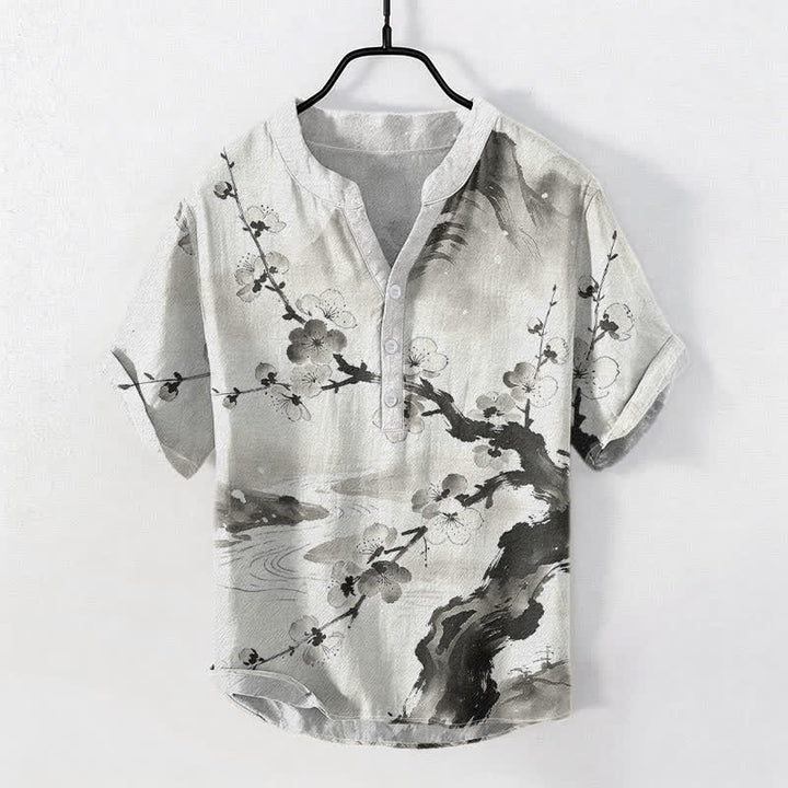 Buddha Stones Camicia da uomo a maniche corte con mezza abbottonatura, stampa a fiori di prugno, in cotone. - Avorio - US/UK/AU50, EU60 (5XL) - image 0