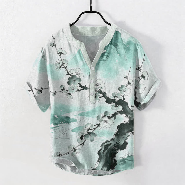 Buddha Stones Camicia da uomo a maniche corte con mezza abbottonatura, stampa a fiori di prugno, in cotone. - image 3