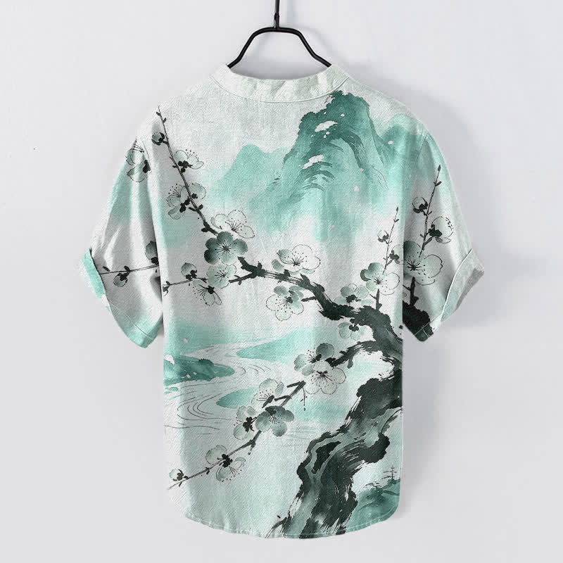 Buddha Stones Camicia da uomo a maniche corte con mezza abbottonatura, stampa a fiori di prugno, in cotone. - Acquamarina - US/UK/AU50, EU60 (5XL) - image 4