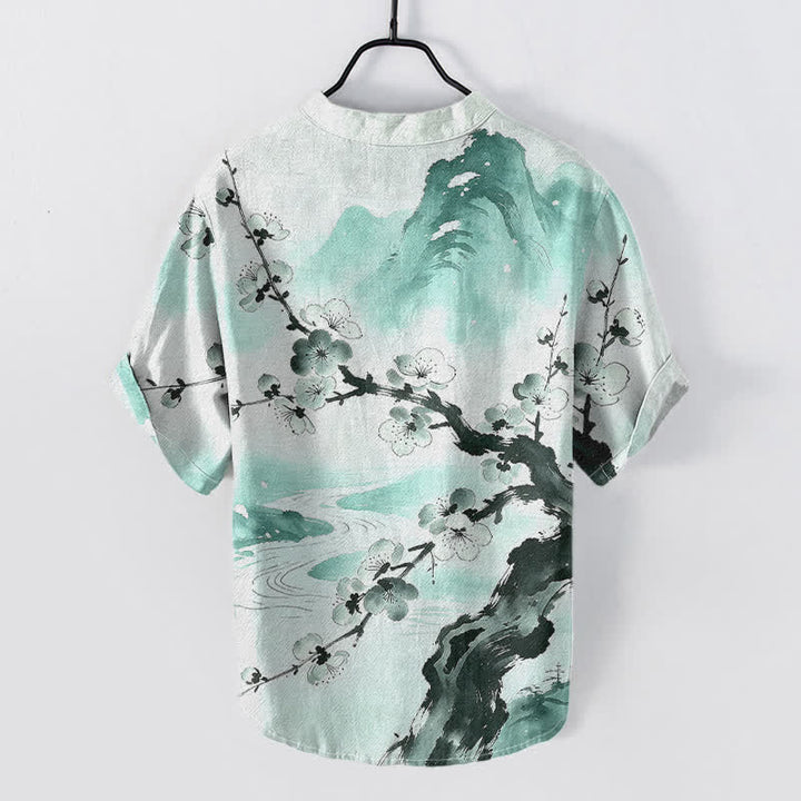 Buddha Stones Camicia da uomo a maniche corte con mezza abbottonatura, stampa a fiori di prugno, in cotone. - Acquamarina - US/UK/AU50, EU60 (5XL) - image 4