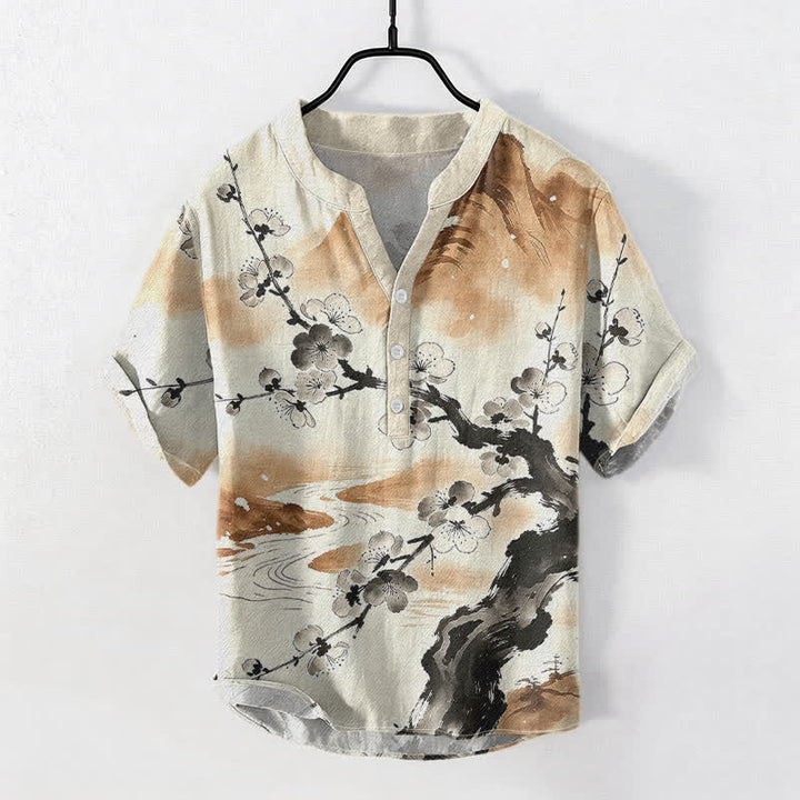 Buddha Stones Camicia da uomo a maniche corte con mezza abbottonatura, stampa a fiori di prugno, in cotone. - Grano - US/UK/AU50, EU60 (5XL) - image 5