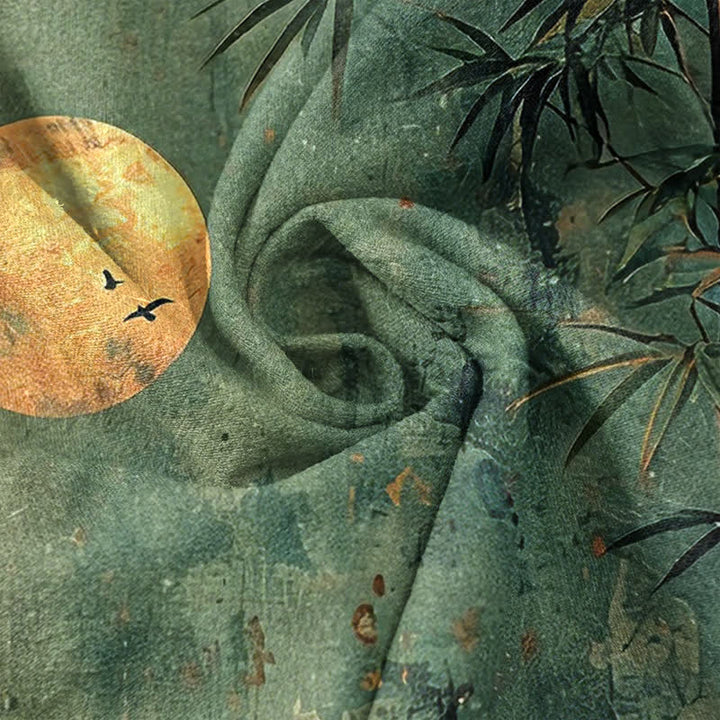 Buddha Stones Camicia da uomo a maniche corte con bottoni a mezzo bottone, stampata in cotone con motivo bambù e luna dorata. - image 4