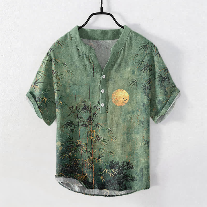 Buddha Stones Camicia da uomo a maniche corte con bottoni a mezzo bottone, stampata in cotone con motivo bambù e luna dorata. - Verde mare - US/UK/AU50, EU60 (5XL) - image 0